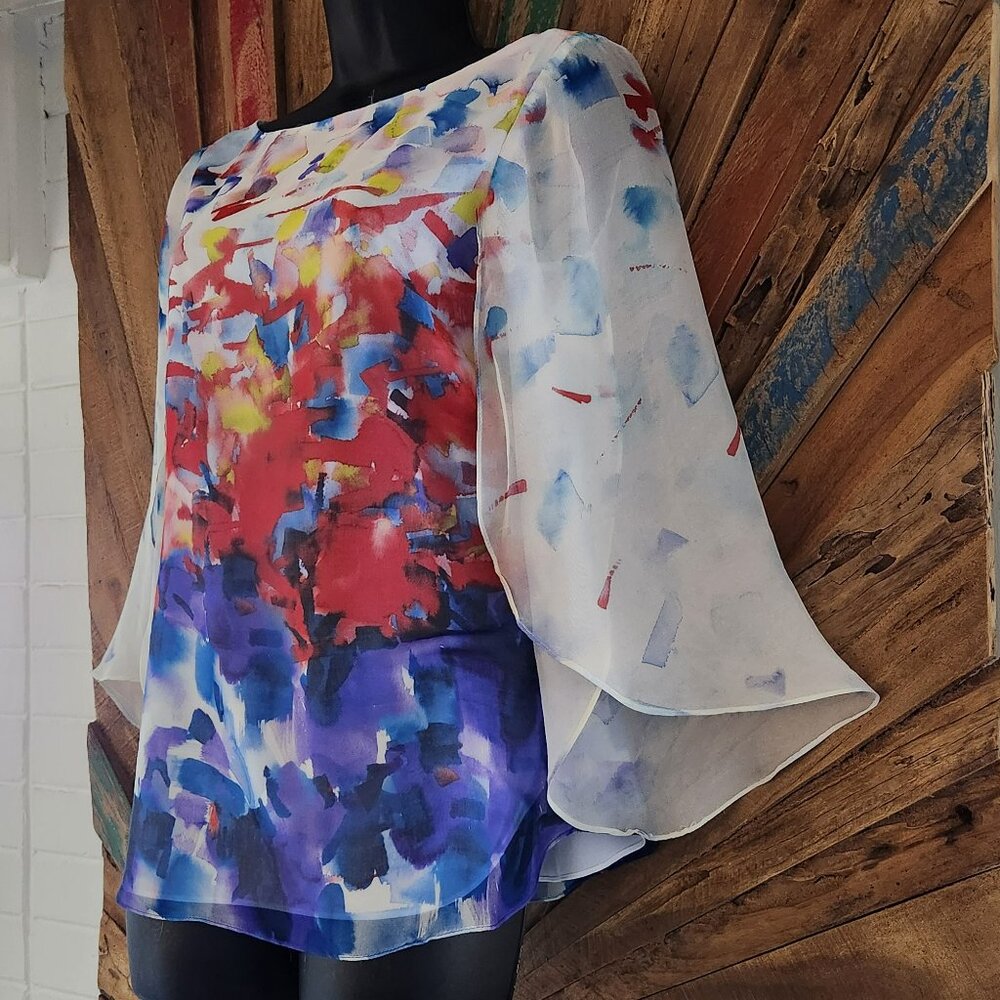Milly watercolor painting flowy petal sleeves silk ballet neck blouse/top Sz 4